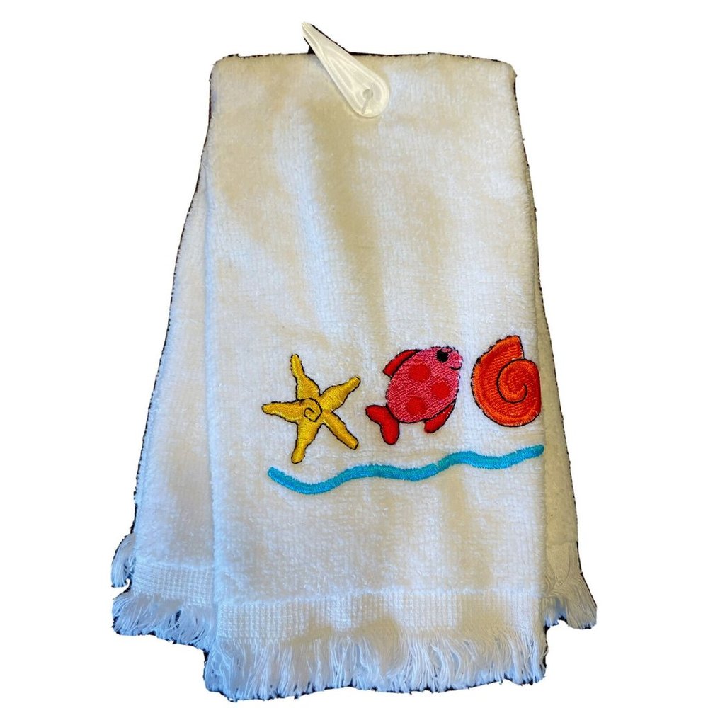 2 Fingertip Towels Velveteen Fringed Embroidered Seaside Starfish, Shell, Fish